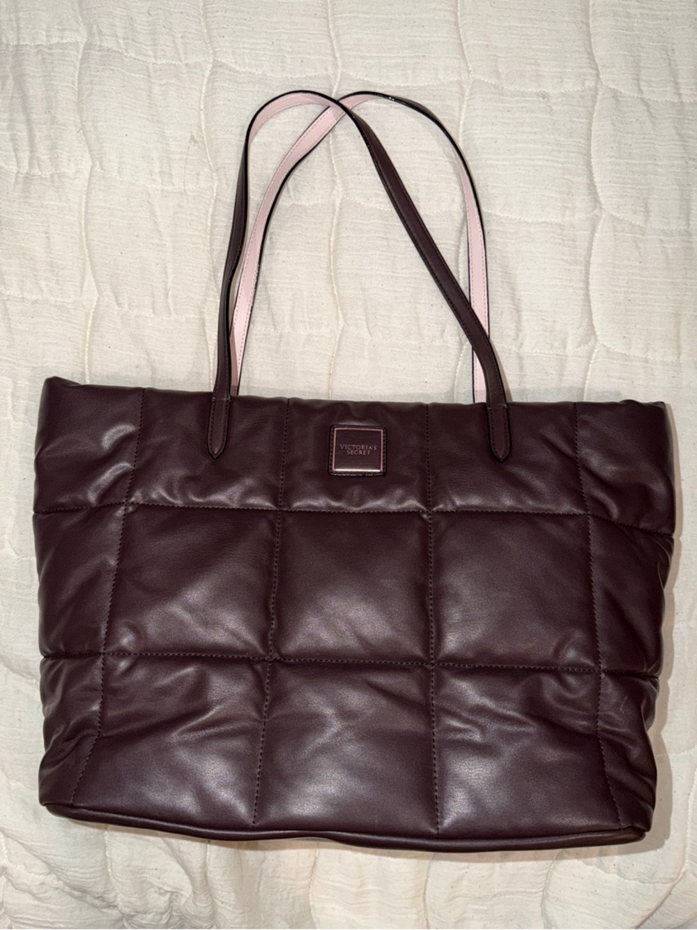 Victoria's Secret Quilted Brown Tote with Pink-Trim Handles